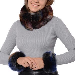 Faux Fur Scarf and Hand Cuffs Navy